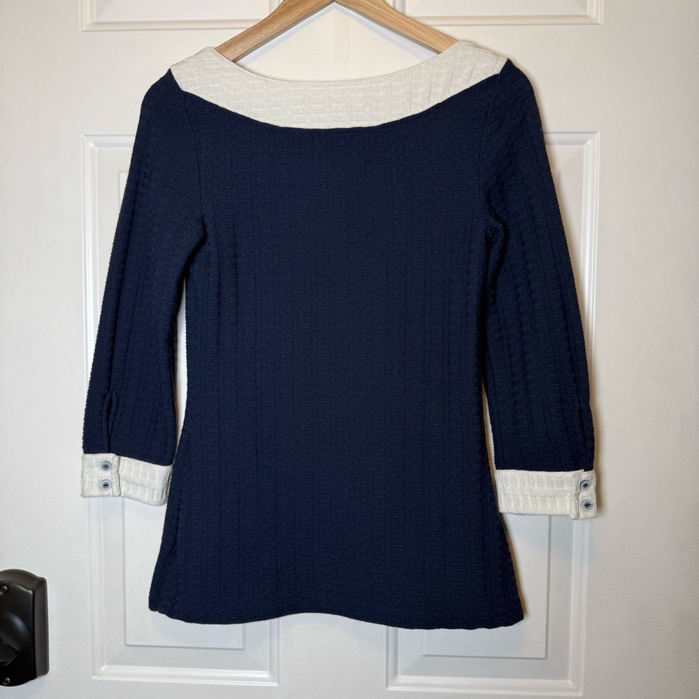 Anthropologie Pilcro Navy Blue Ribbed
Knit Top Shirt Sweater Sailor Bow Sz S - Picture 2 of 12